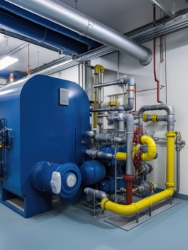 Modern boiler room with gas boilers, industrial heating. Generative AI