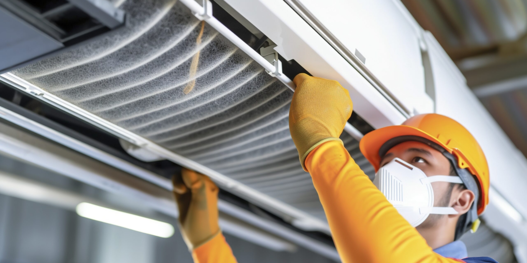 Technician checking and changing the filters of a domestic air conditioning split. AI generated.