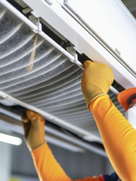 Technician checking and changing the filters of a domestic air conditioning split. AI generated.