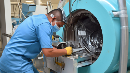 Service technician repairing an MRI machine at a hospital